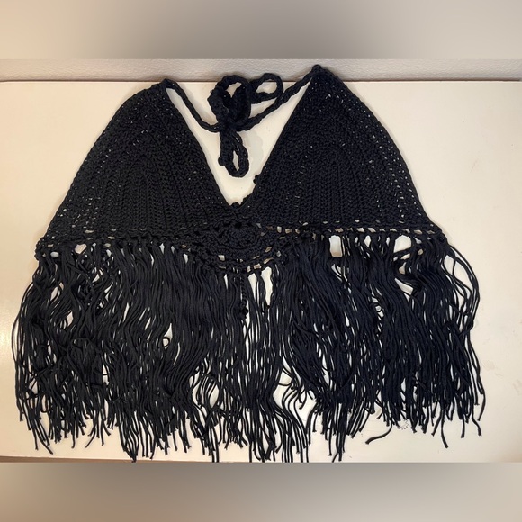 SHEIN Tops - SHEIN Women’s  Black Crochet Fringe 60's Hippie Clothes Top Size S‎